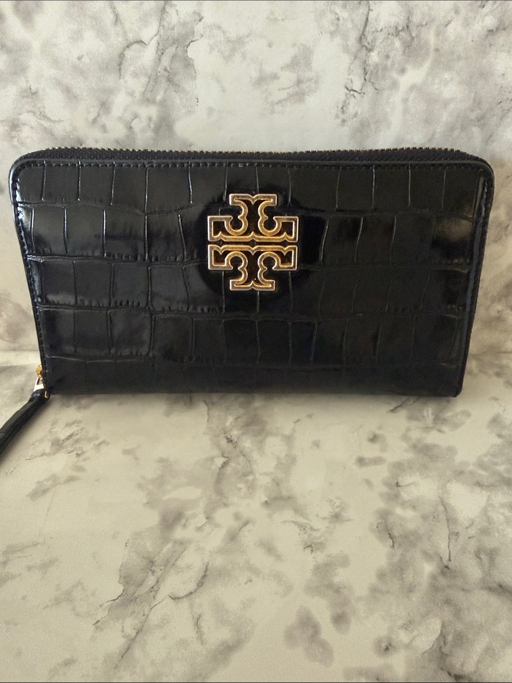 Tory Burch Black Croc-Embossed Zip Around Wallet with Gold Logo